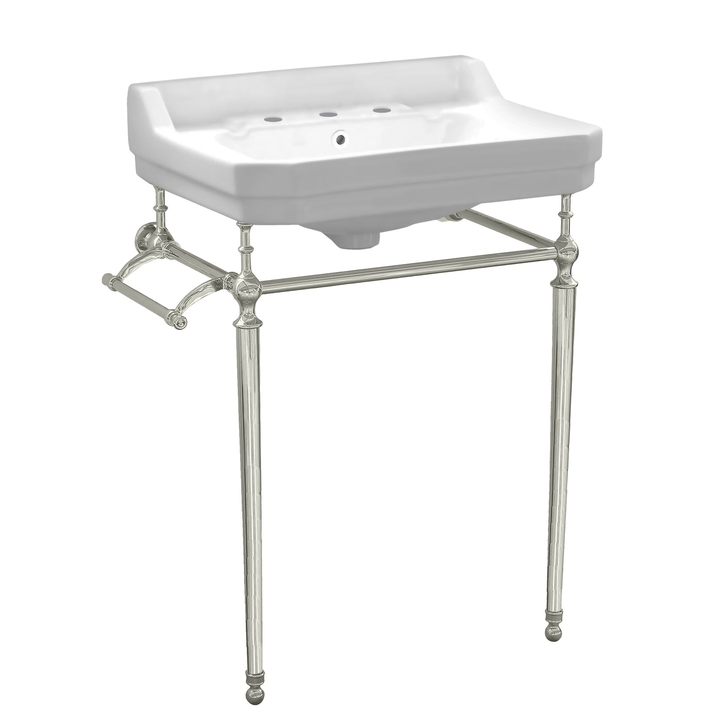 Victoriahaus console with integrated rectangular bowl with widespread hole drill, Polished Nickel leg support, interchangable towel bar, backsplash and overflow  