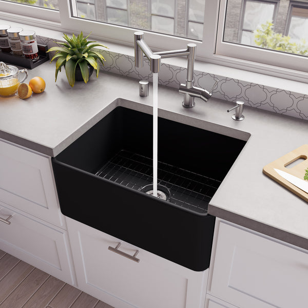 ALFI brand ABF2418-BM Black Matte Smooth Apron 24 x 18 Single Bowl Fireclay Farm Sink