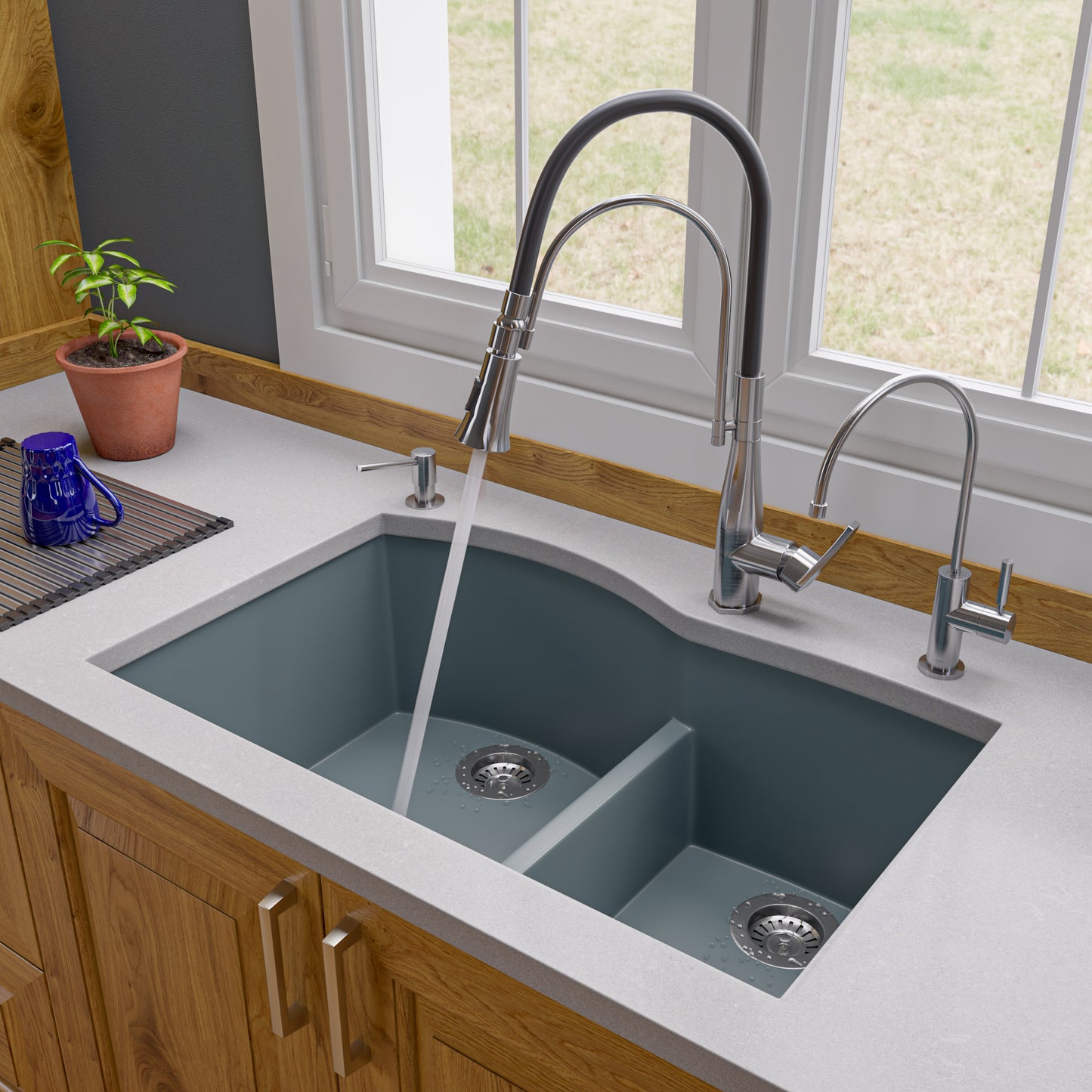 ALFI brand AB3320UM-T Titanium 33" Double Bowl Undermount Granite Composite Kitchen Sink