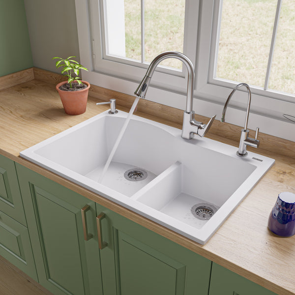 ALFI brand AB3320DI-W White 33 Double Bowl Drop In Granite Composite Kitchen Sink