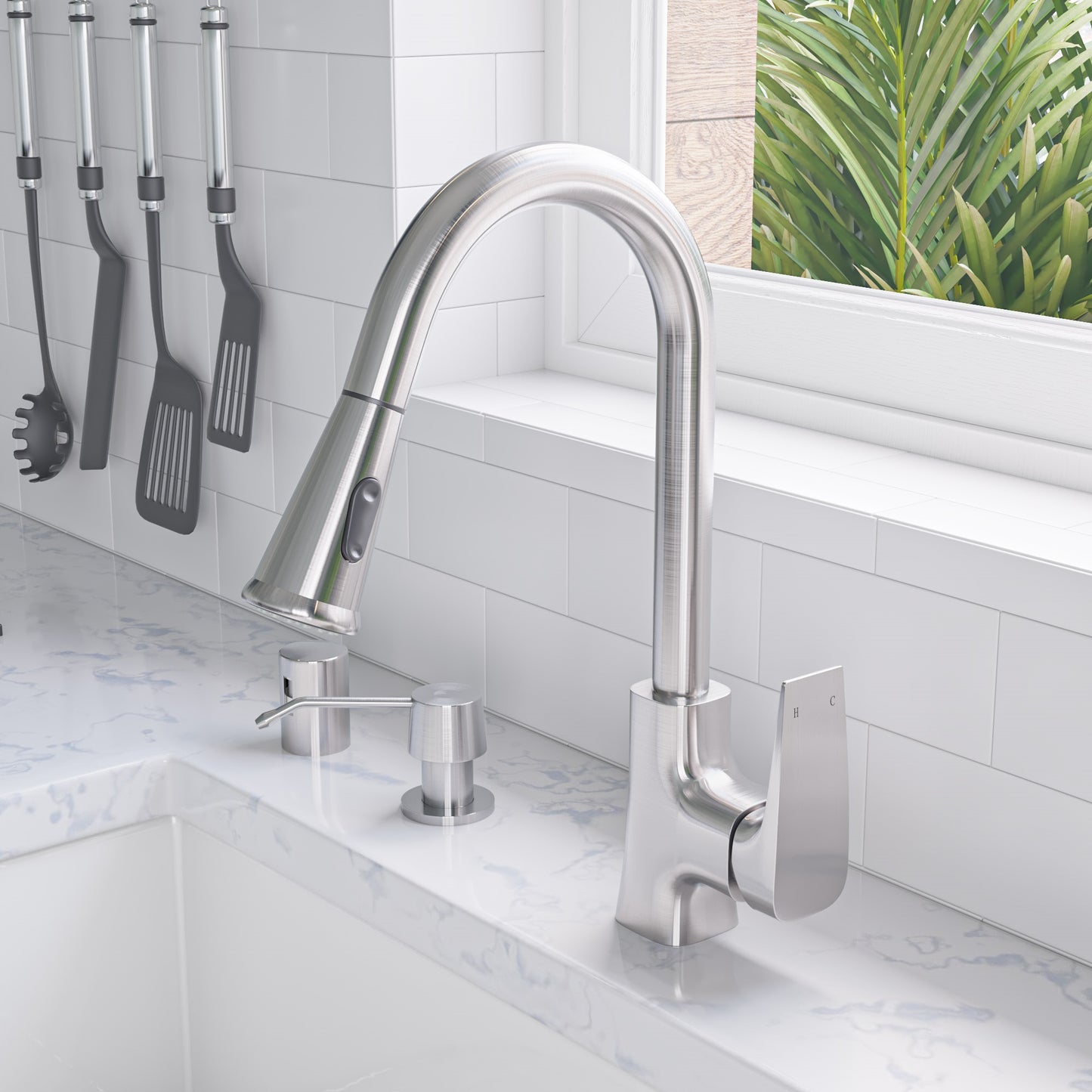 Brushed Nickel Square Gooseneck Pull Down Kitchen Faucet