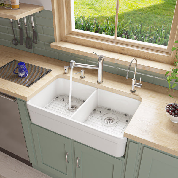 ALFI brand AB512-W White 32 Double Bowl Lip Apron Fireclay Farmhouse Kitchen Sink with 1 3/4 Lip