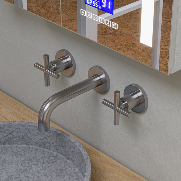 Brushed Nickel 8 Widespread Wall-Mounted Cross Handle Faucet