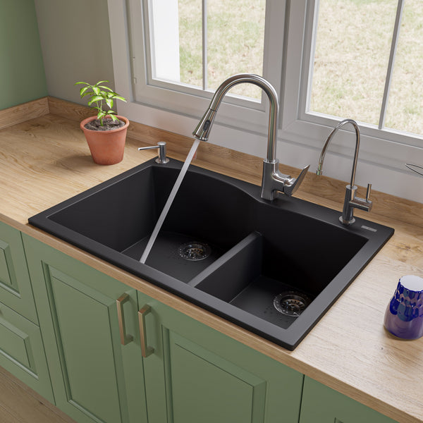 ALFI brand AB3320DI-BLA Black 33 Double Bowl Drop In Granite Composite Kitchen Sink