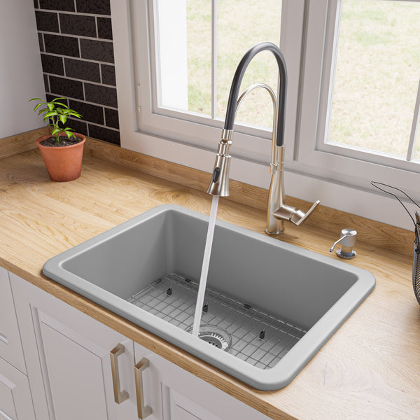 ALFI brand ABF2718UD-GM Gray Matte 27 x 18 Fireclay Undermount / Drop In Firelcay Kitchen Sink