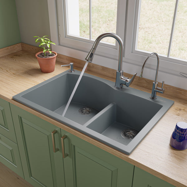 ALFI brand AB3320DI-T Titanium 33 Double Bowl Drop In Granite Composite Kitchen Sink