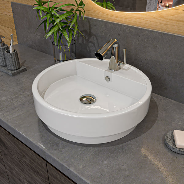 ALFI brand ABC702 White 19 Round Semi Recessed Ceramic Sink with Faucet Hole