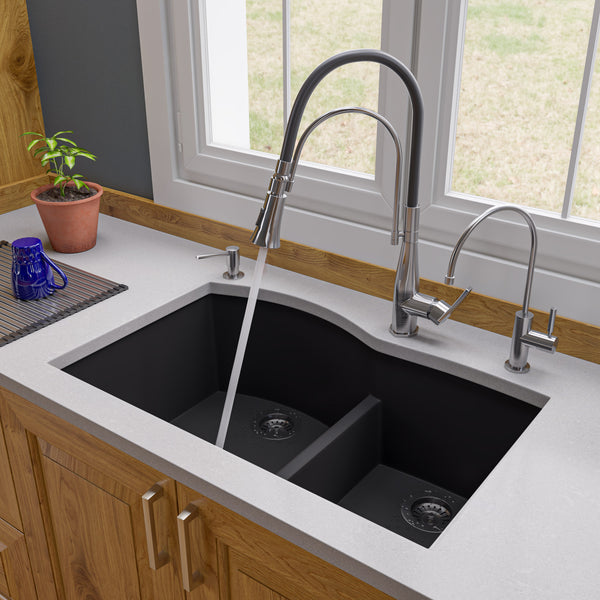 ALFI brand AB3320UM-BLA Black 33 Double Bowl Undermount Granite Composite Kitchen Sink