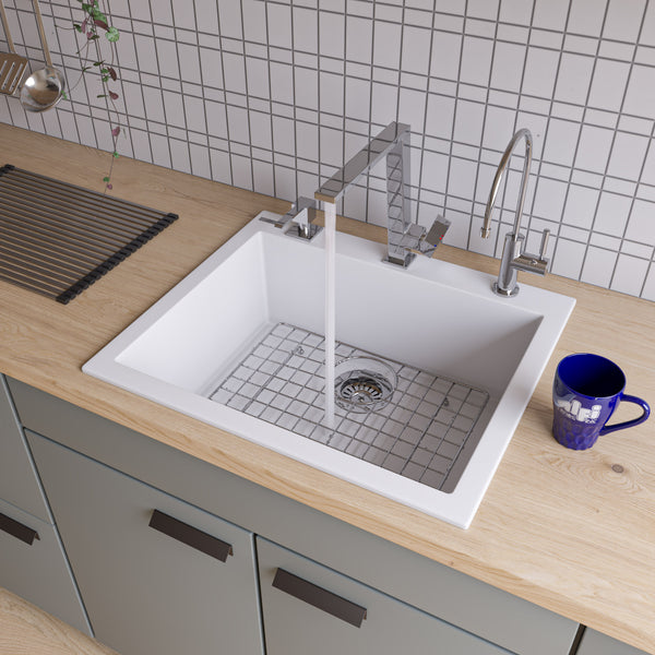 ALFI brand AB2420DI-W White 24 Drop-In Single Bowl Granite Composite Kitchen Sink