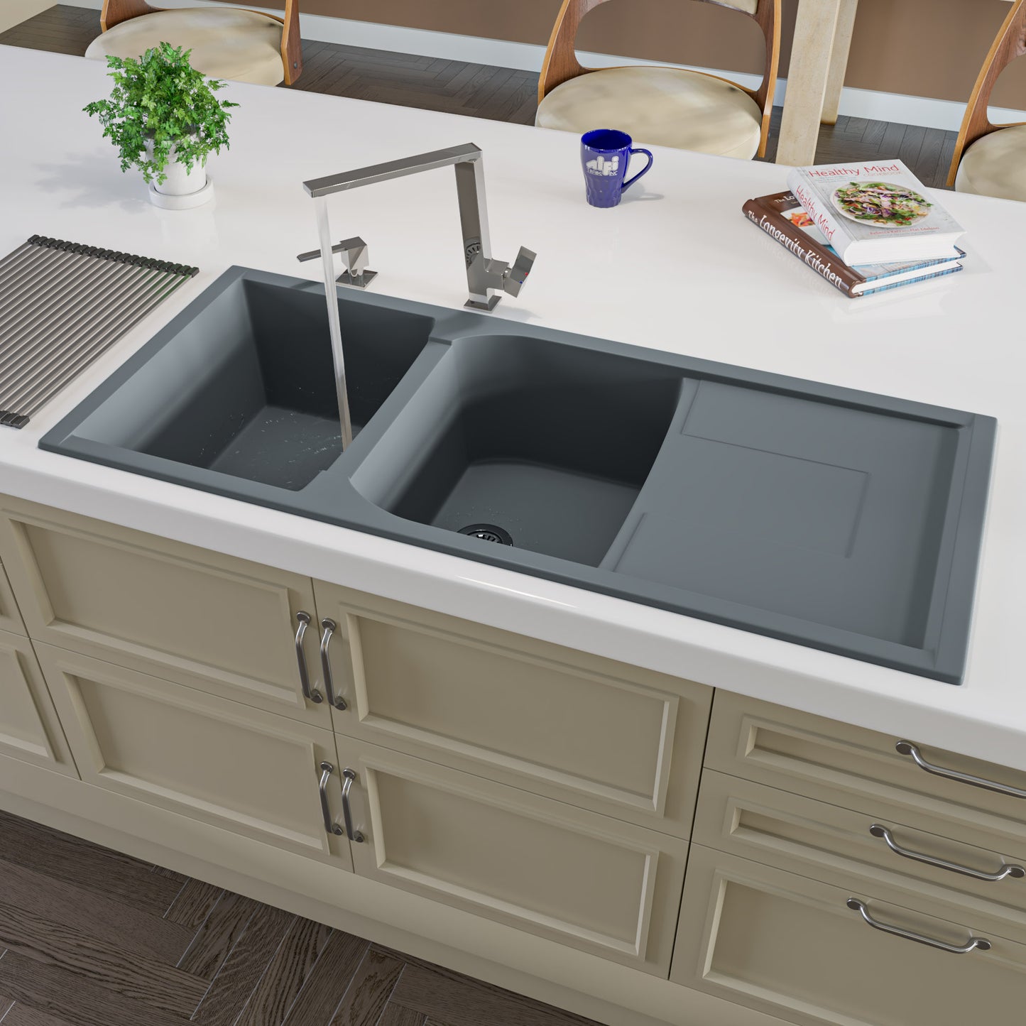 ALFI brand AB4620DI-T Titanium 46" Double Bowl Granite Composite Kitchen Sink with Drainboard