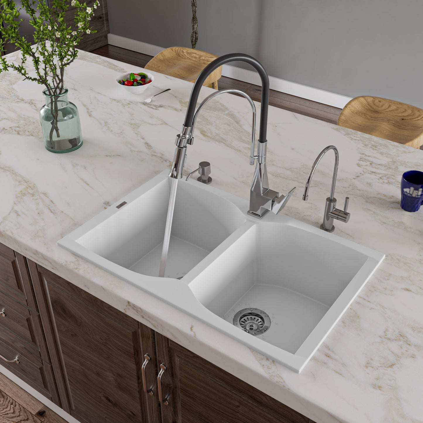 ALFI brand AB3220DI-W White 32" Drop-In Double Bowl Granite Composite Kitchen Sink