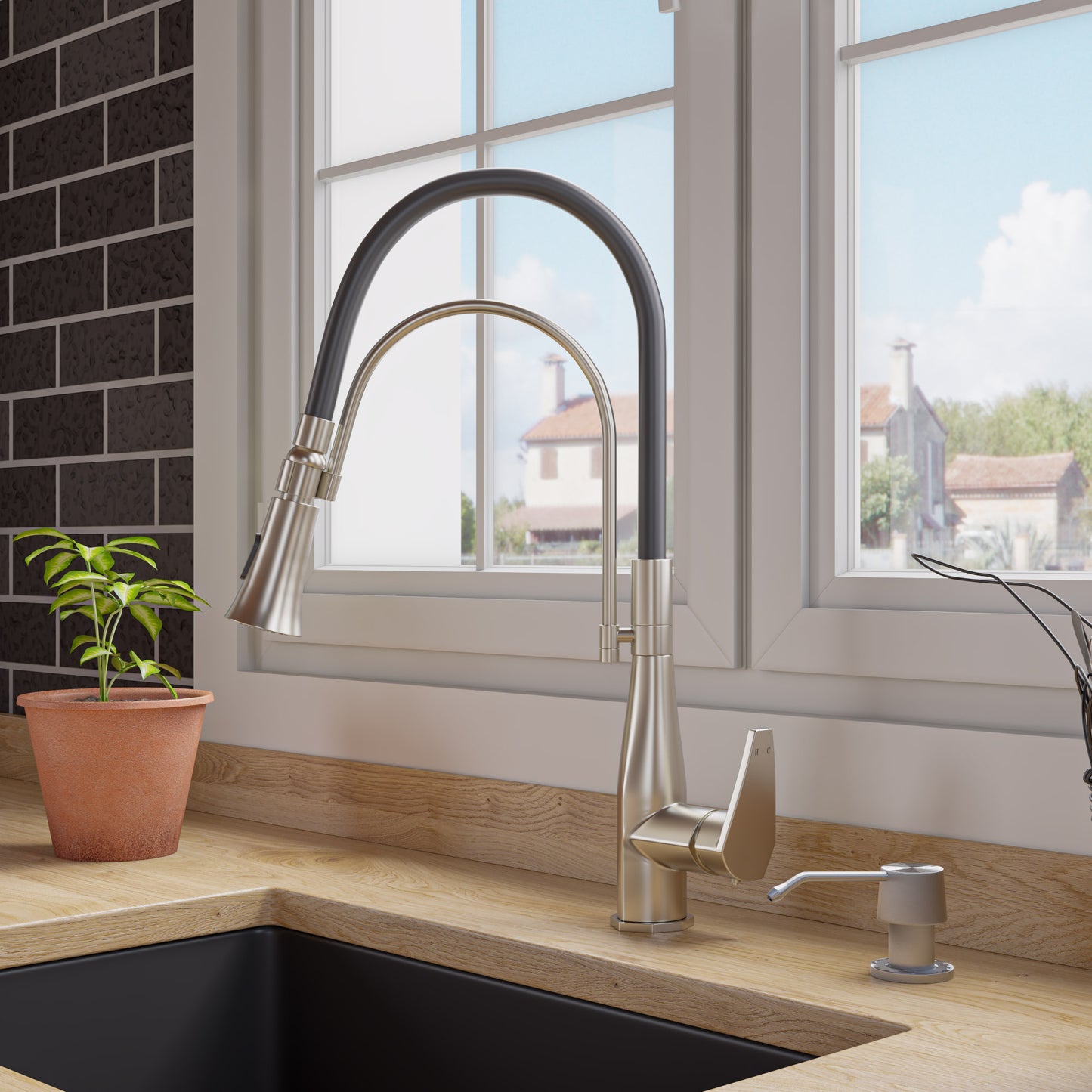 Brushed Nickel Kitchen Faucet with Black Rubber Stem