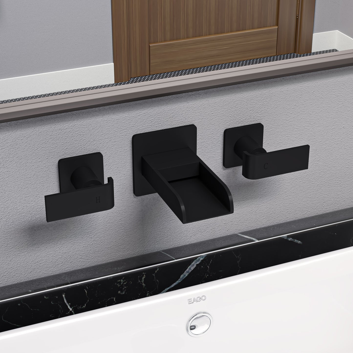 Black Matte Widespread Wall Mounted Modern Waterfall Bathroom Faucet