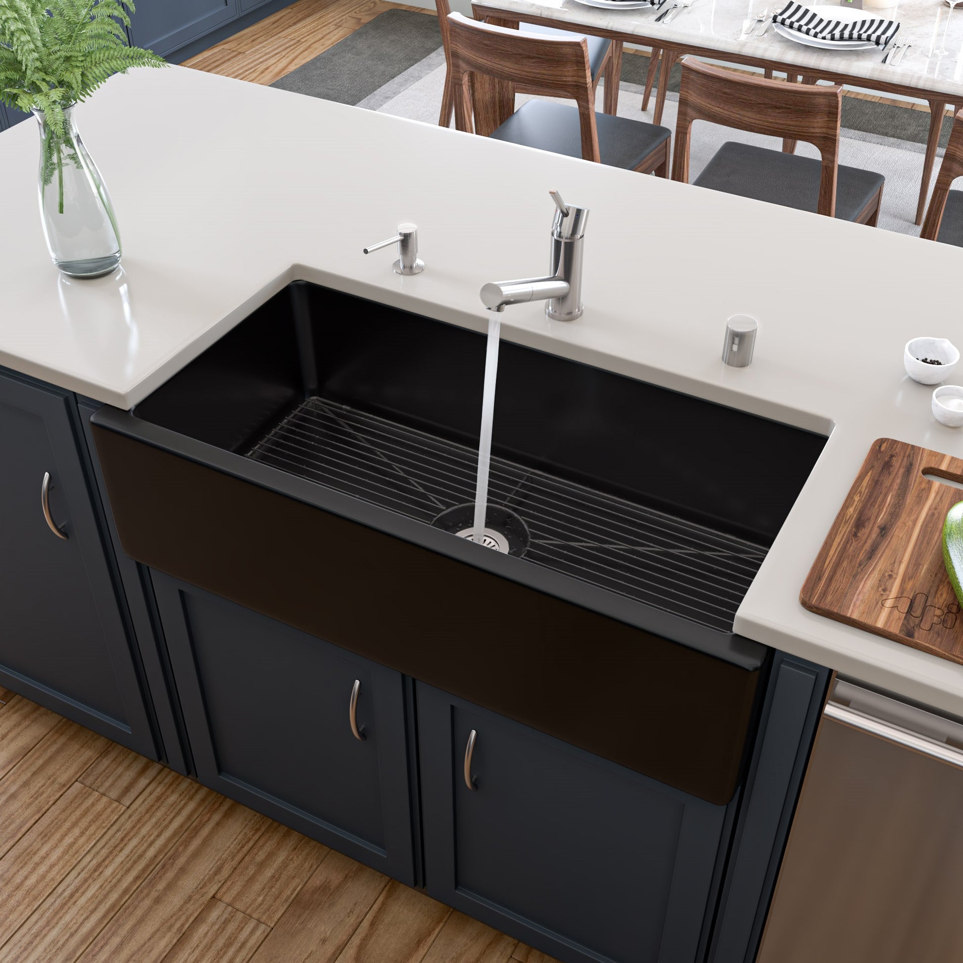 ALFI brand AB3618HS-BG 36" Black Gloss Reversible Smooth / Fluted Single Bowl Fireclay Farm Sink