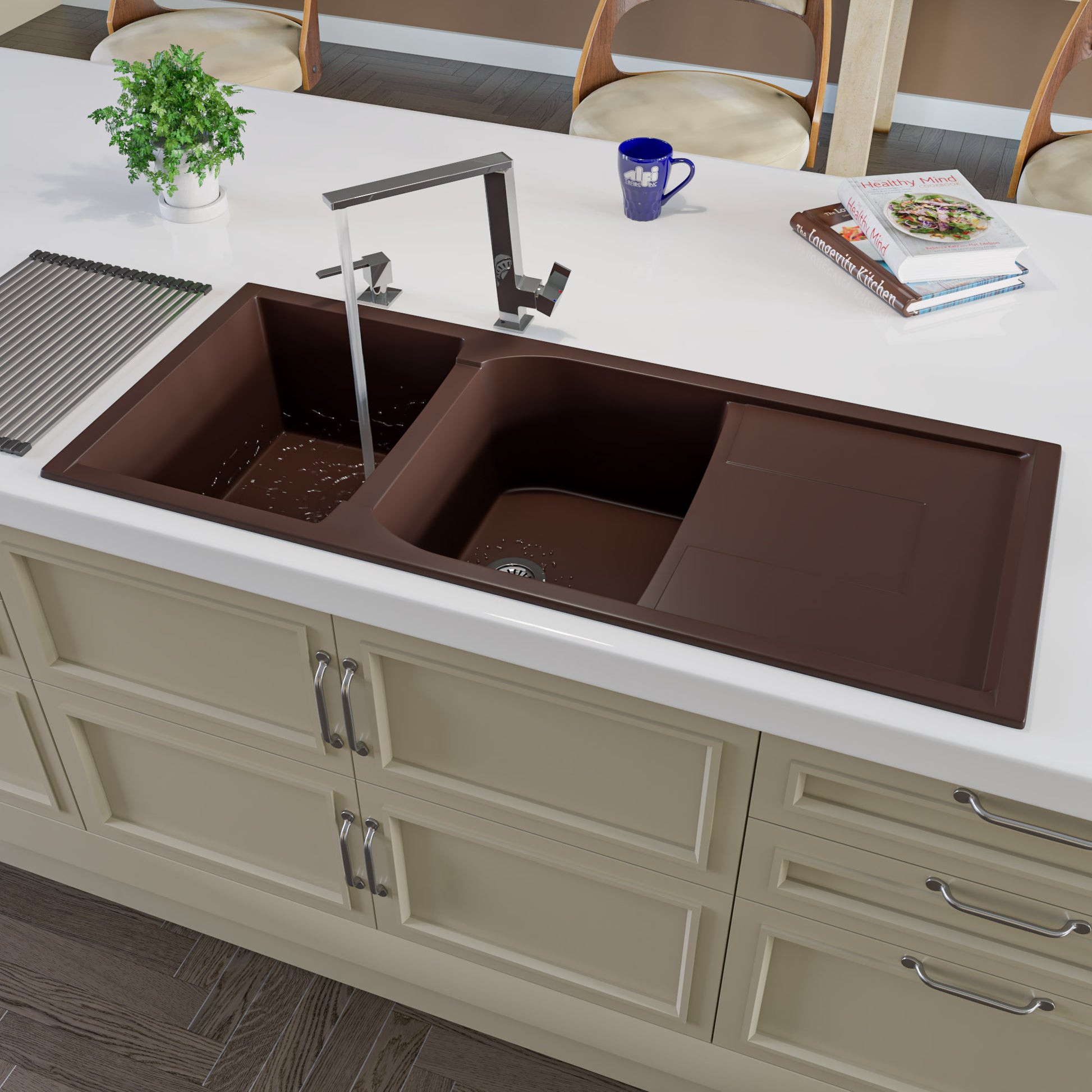 ALFI brand AB4620DI-C Chocolate 46" Double Bowl Granite Composite Kitchen Sink with Drainboard