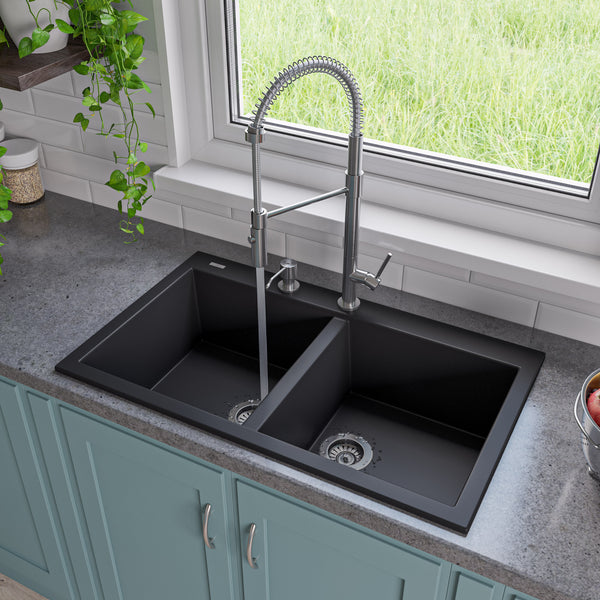 ALFI brand AB3420DI-BLA Black 34 Drop-In Double Bowl Granite Composite Kitchen Sink