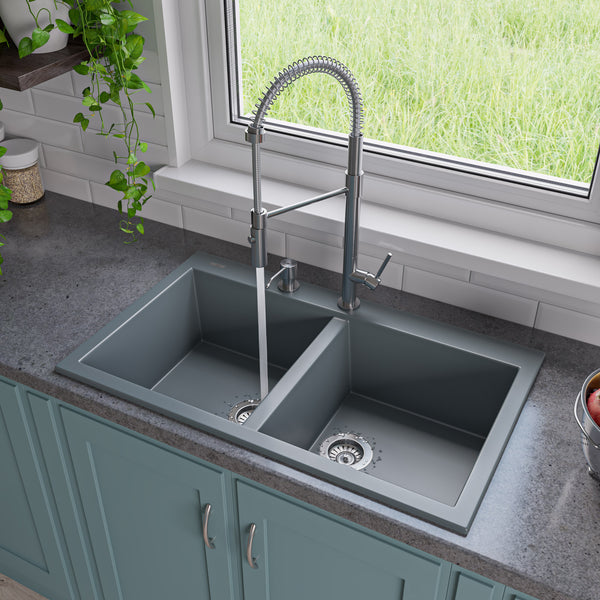 ALFI brand AB3420DI-T Titanium 34 Drop-In Double Bowl Granite Composite Kitchen Sink