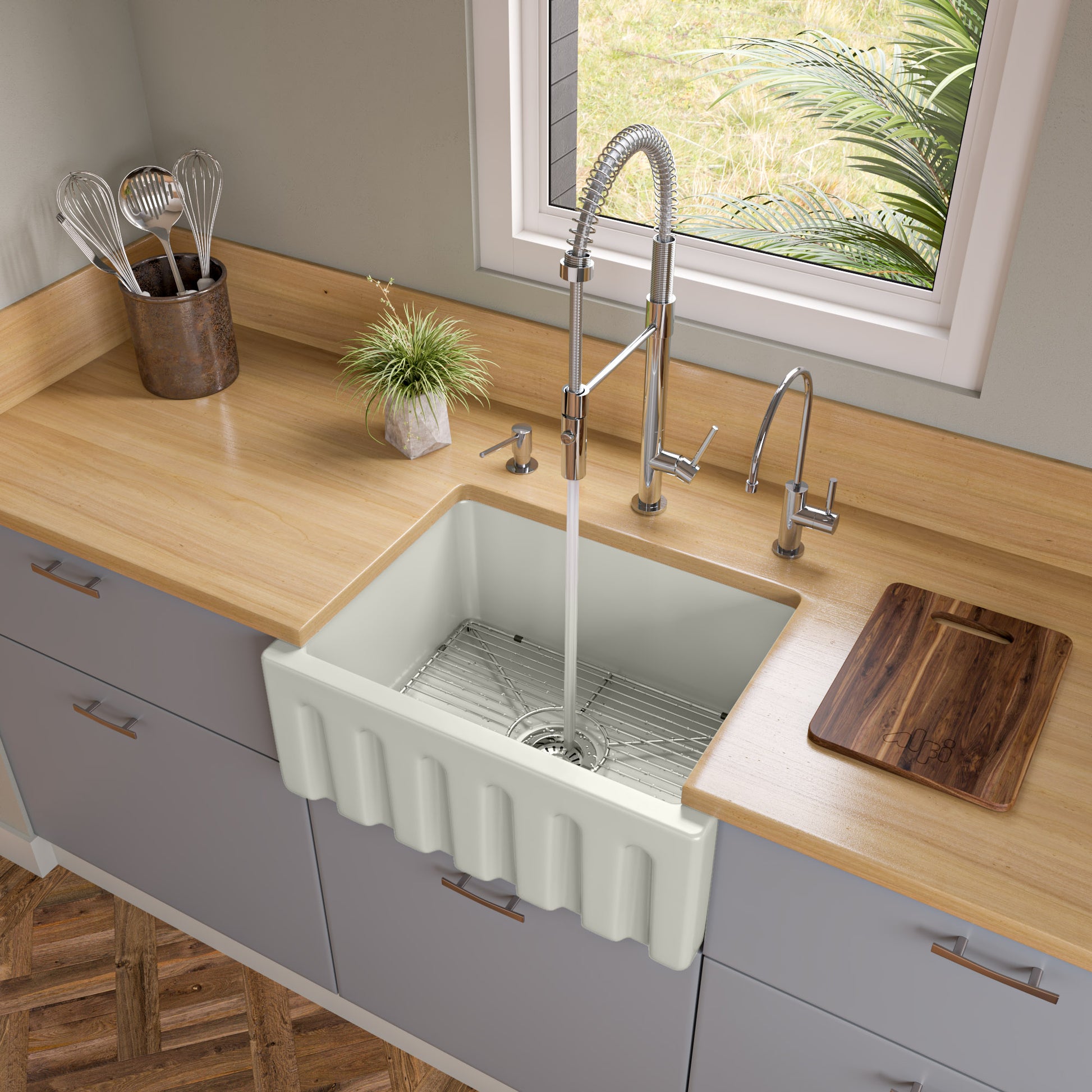 ALFI brand AB2418HS-B 24 inch Biscuit Reversible Smooth / Fluted Single Bowl Fireclay Farm Sink