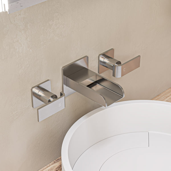 Brushed Nickel Widespread Wall Mounted Modern Waterfall Bathroom Faucet