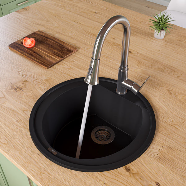 ALFI brand AB2020DI-BLA Black 20 Drop-In Round Granite Composite Kitchen Prep Sink