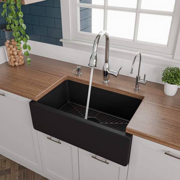 ALFI brand AB3018HS-BM 30 Black Matte Reversible Smooth / Fluted Single Bowl Fireclay Farm Sink