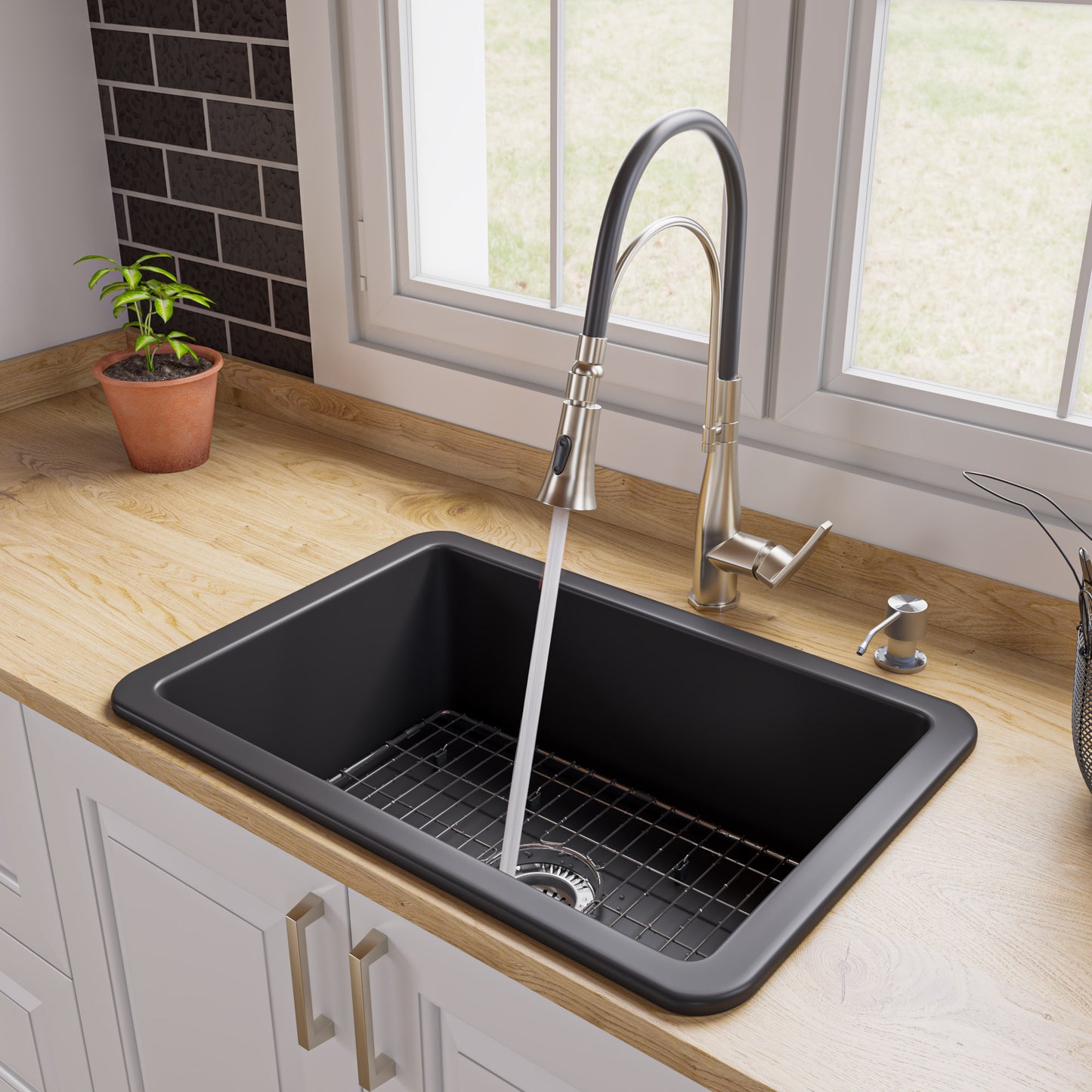 ALFI brand ABF2718UD-BM Black Matte 27" x 18" Fireclay Undermount / Drop In Firelcay Kitchen Sink