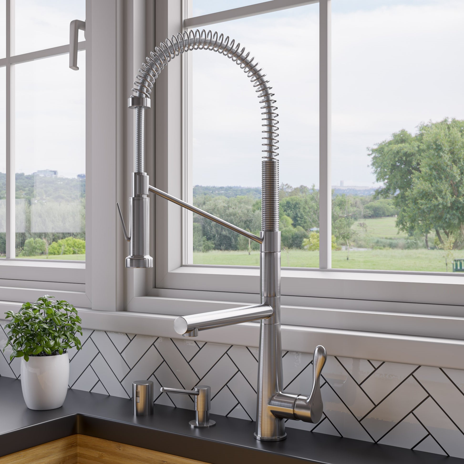 Brushed Nickel Double Spout Commercial Spring Kitchen Faucet