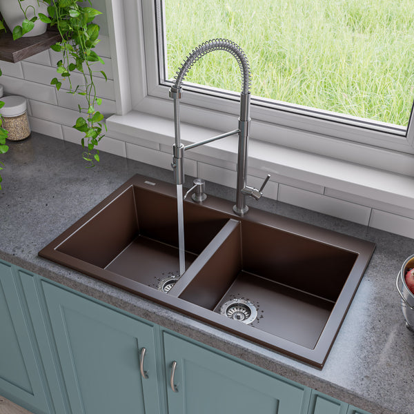 ALFI brand AB3420DI-C Chocolate 34 Drop-In Double Bowl Granite Composite Kitchen Sink