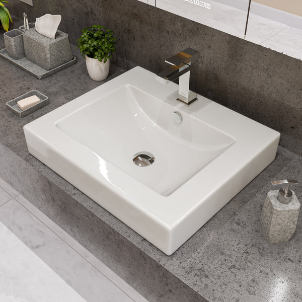 ALFI brand ABC701 White 24 Rectangular Semi Recessed Ceramic Sink with Faucet Hole