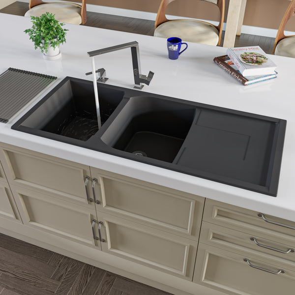 ALFI brand AB4620DI-BLA Black 46 Double Bowl Granite Composite Kitchen Sink with Drainboard