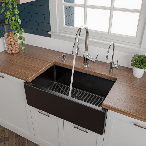 ALFI brand AB3018HS-BG 30 Black Gloss Reversible Smooth / Fluted Single Bowl Fireclay Farm Sink