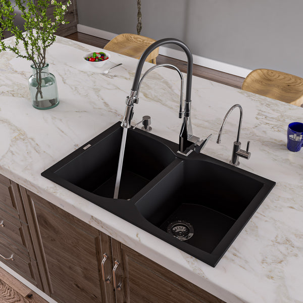 ALFI brand AB3220DI-BLA Black 32 Drop-In Double Bowl Granite Composite Kitchen Sink