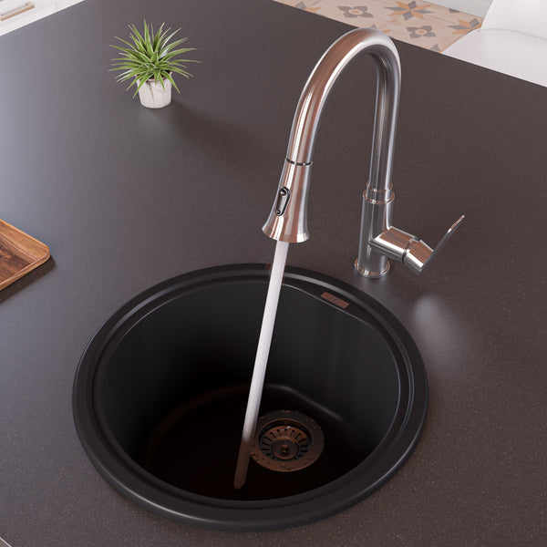 ALFI brand AB1717DI-BLA Black 17 Drop-In Round Granite Composite Kitchen Prep Sink