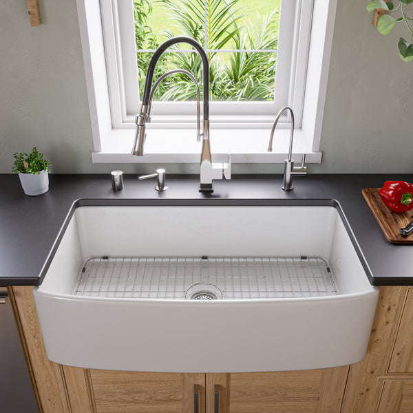 ALFI Brand ABFC3620S-W White Smooth Curved Apron 36 x 20 Single Bowl Fireclay Farm Sink with Grid