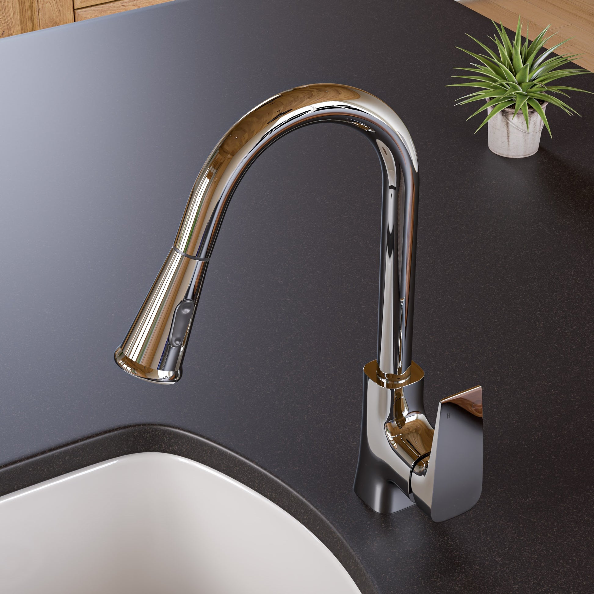 Polished Chrome Square Gooseneck Pull Down Kitchen Faucet