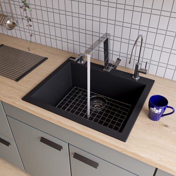 ALFI brand AB2420DI-BLA Black 24 Drop-In Single Bowl Granite Composite Kitchen Sink