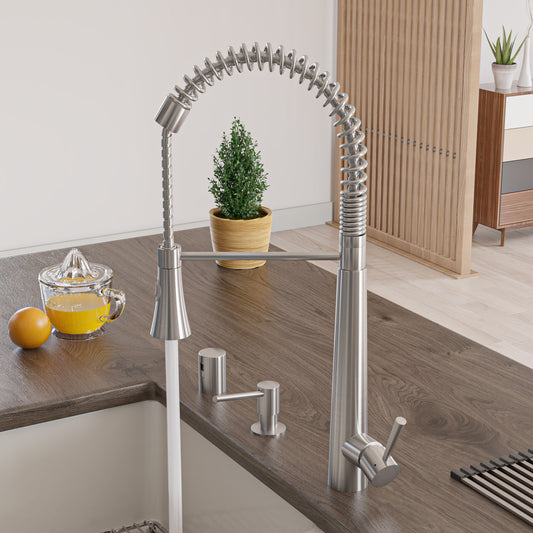 Solid Stainless Steel Commercial Spring Kitchen Faucet with Pull Down Shower Spray