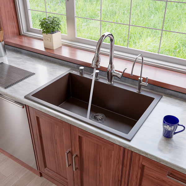 ALFI brand AB3322DI-C Chocolate 33 Single Bowl Drop In Granite Composite Kitchen Sink