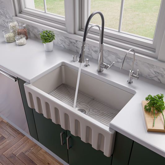 ALFI brand AB3318HS-B Biscuit 33" x 18" Reversible Fluted / Smooth Fireclay Farm Sink