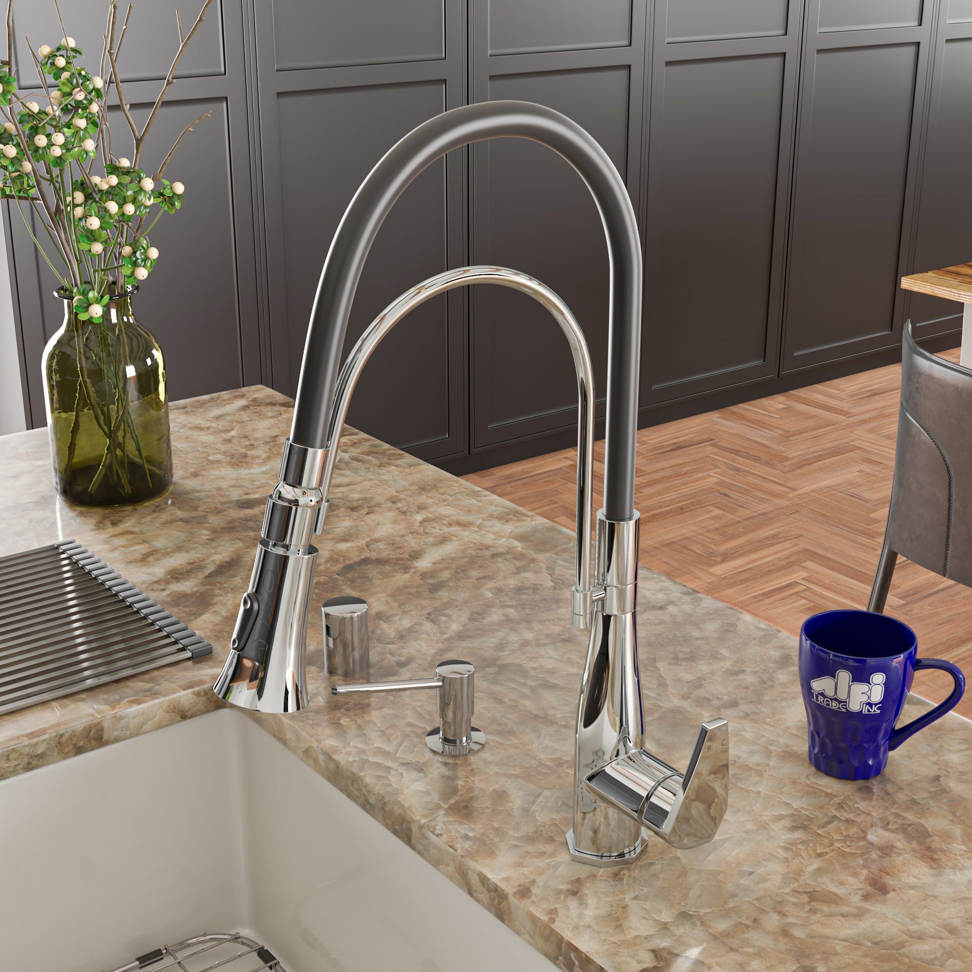 Polished Chrome Kitchen Faucet with Black Rubber Stem