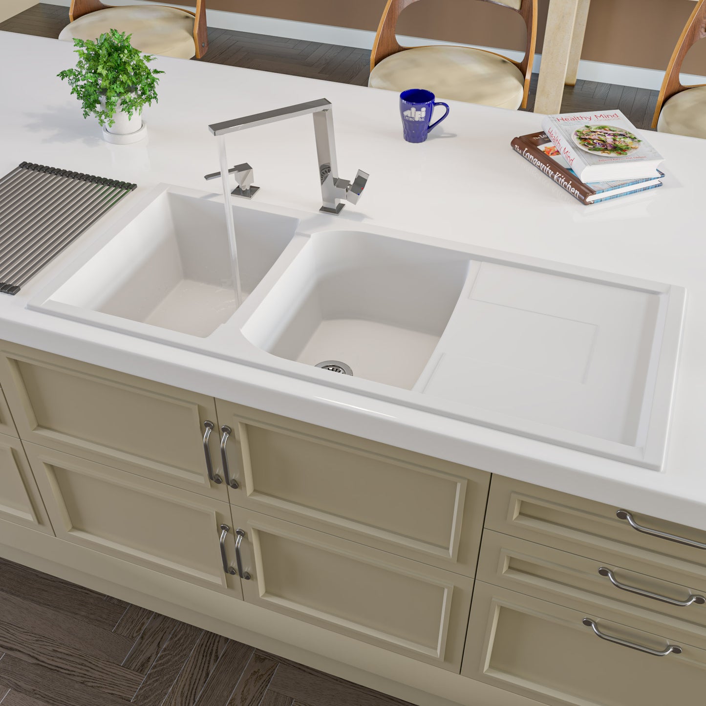 ALFI brand AB4620DI-W White 46" Double Bowl Granite Composite Kitchen Sink with Drainboard