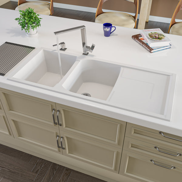 ALFI brand AB4620DI-W White 46 Double Bowl Granite Composite Kitchen Sink with Drainboard