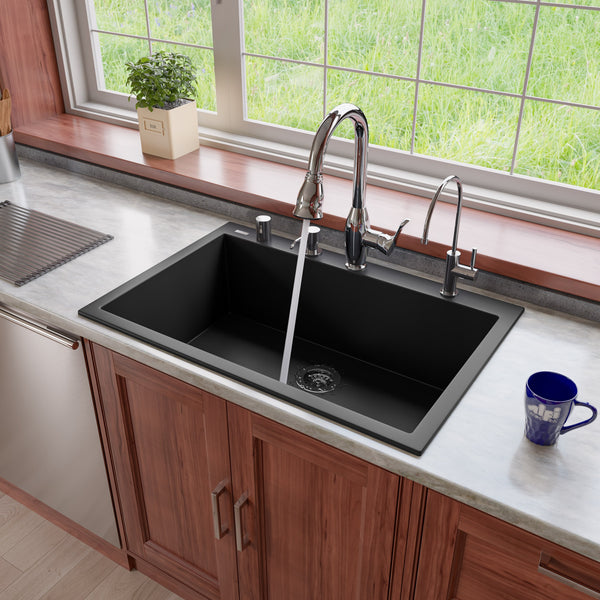 ALFI brand AB3322DI-BLA Black 33 Single Bowl Drop In Granite Composite Kitchen Sink