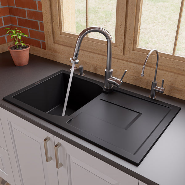 ALFI brand AB1620DI-BLA Black 34 Single Bowl Granite Composite Kitchen Sink with Drainboard