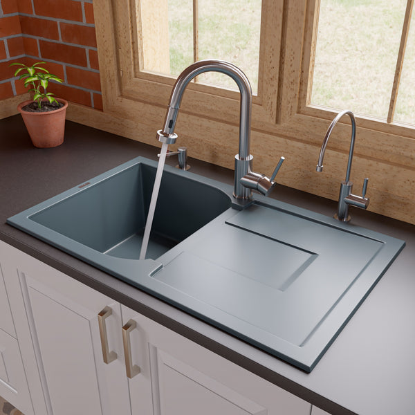 ALFI brand AB1620DI-T Titanium 34 Single Bowl Granite Composite Kitchen Sink with Drainboard