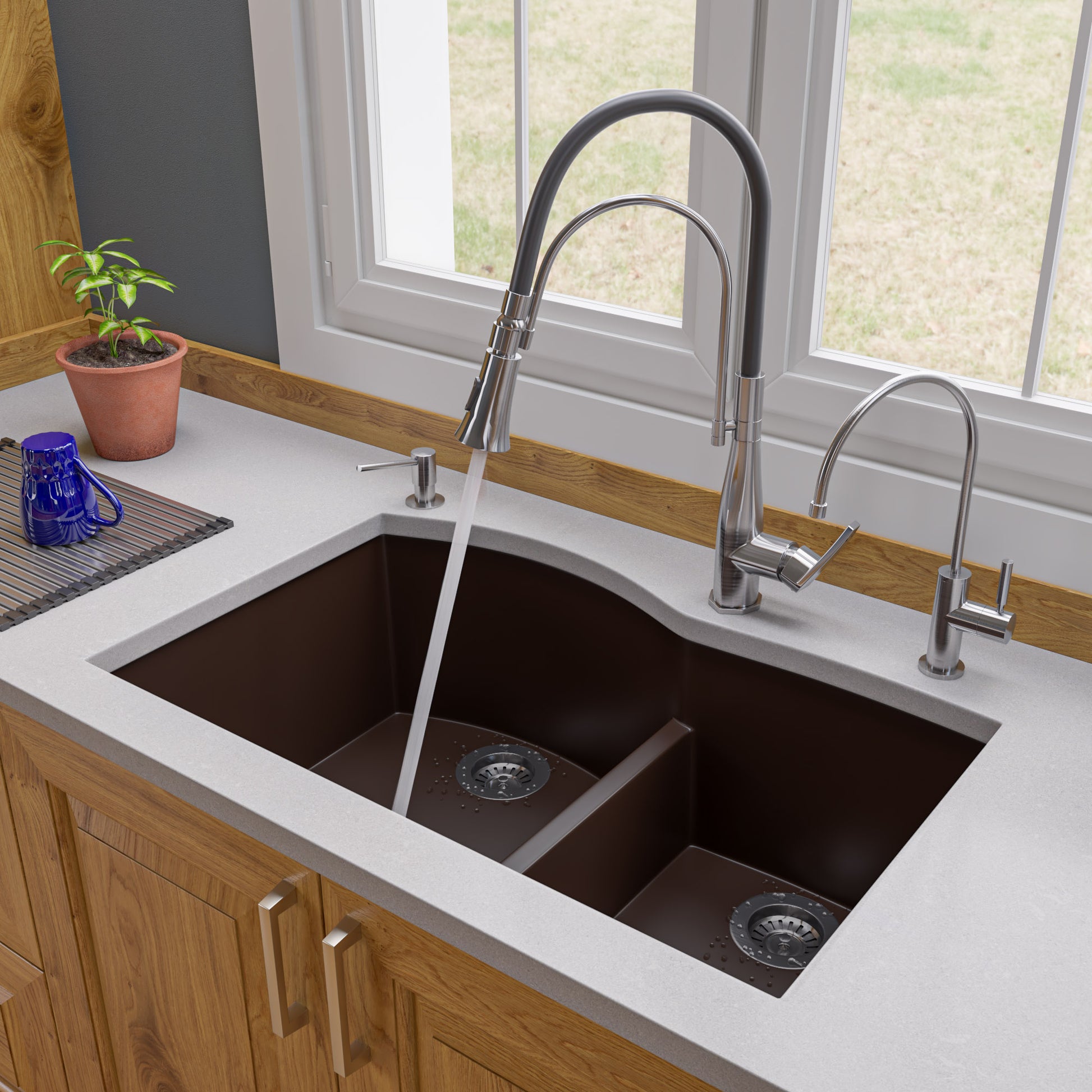 ALFI brand AB3320UM-C Chocolate 33" Double Bowl Undermount Granite Composite Kitchen Sink