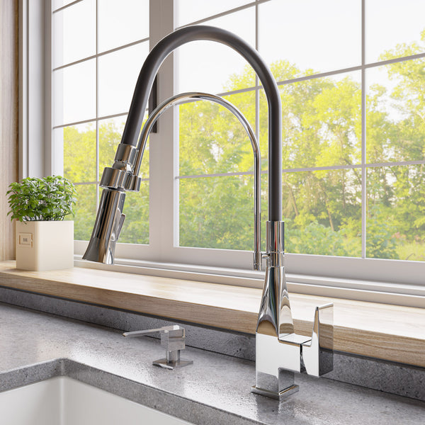 Polished Chrome Square Kitchen Faucet with Black Rubber Stem