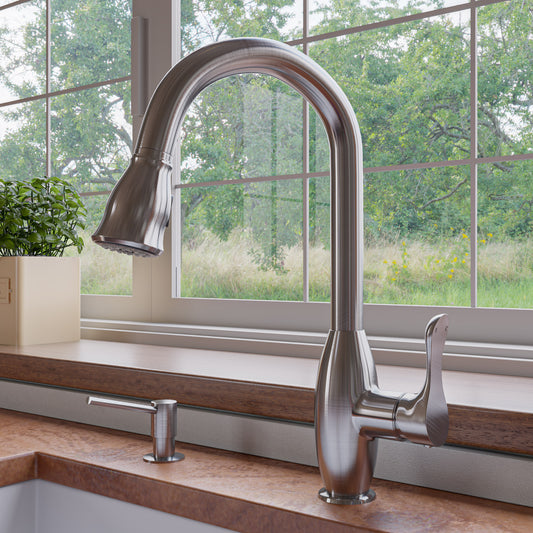 Brushed Nickel Traditional Gooseneck Pull Down Kitchen Faucet