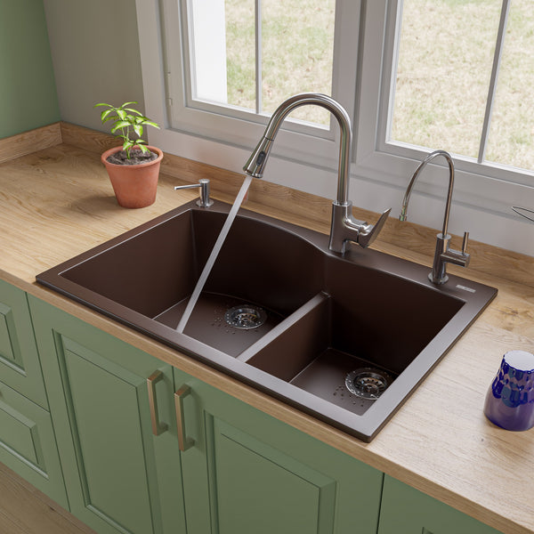 ALFI brand AB3320DI-C Chocolate 33 Double Bowl Drop In Granite Composite Kitchen Sink