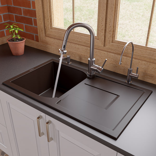 ALFI brand AB1620DI-C Chocolate 34 Single Bowl Granite Composite Kitchen Sink with Drainboard